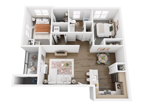 Floor plan for 2 beds, 1 bath, 965 sqft